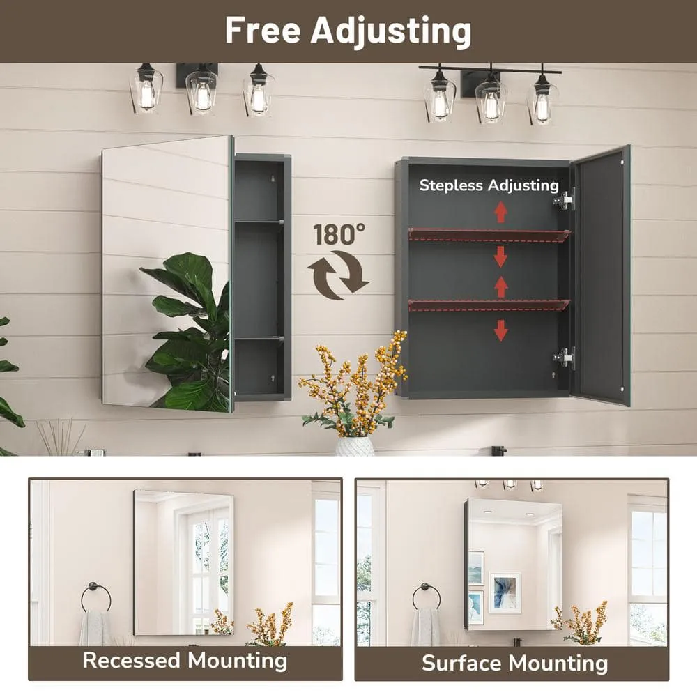 KeonJinn 14 in. W x 18 in. H Rectangular Frameless Aluminum Black Recessed or Surface Mount Medicine Cabinet with Mirror, photo 4 of 11