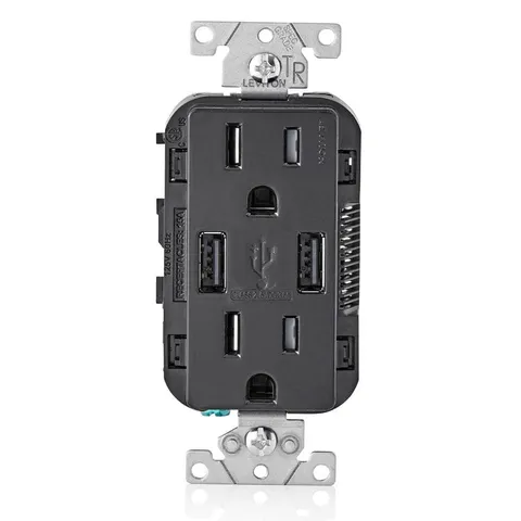 3.6A Dual USB-A Charger Receptacle, 15A Tamper-Resistant, Black