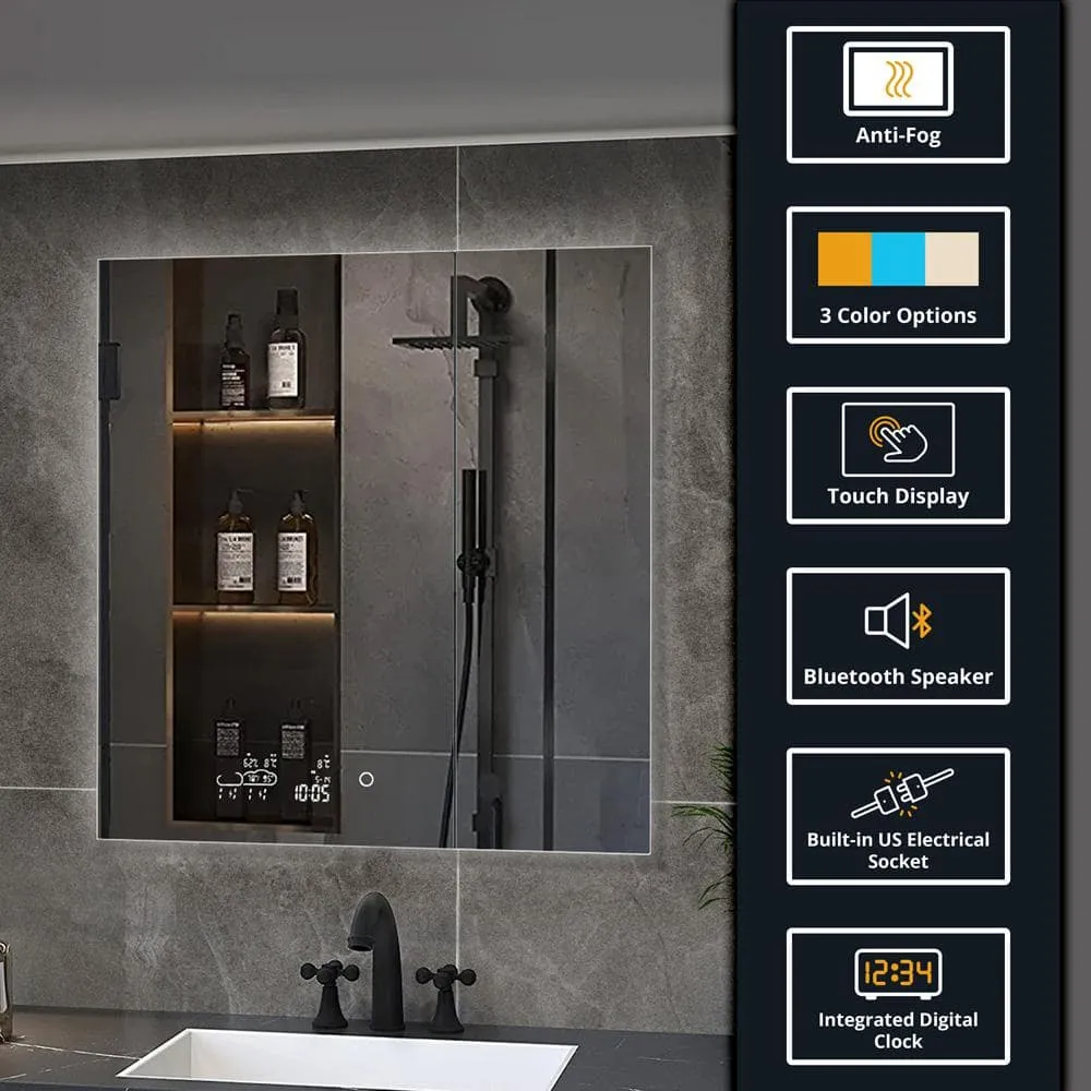 Lexora Savera 30 in. W x 32 in. H Recessed or Surface-Mount LED Mirror Medicine Cabinet with Defogger, photo 2 of 6