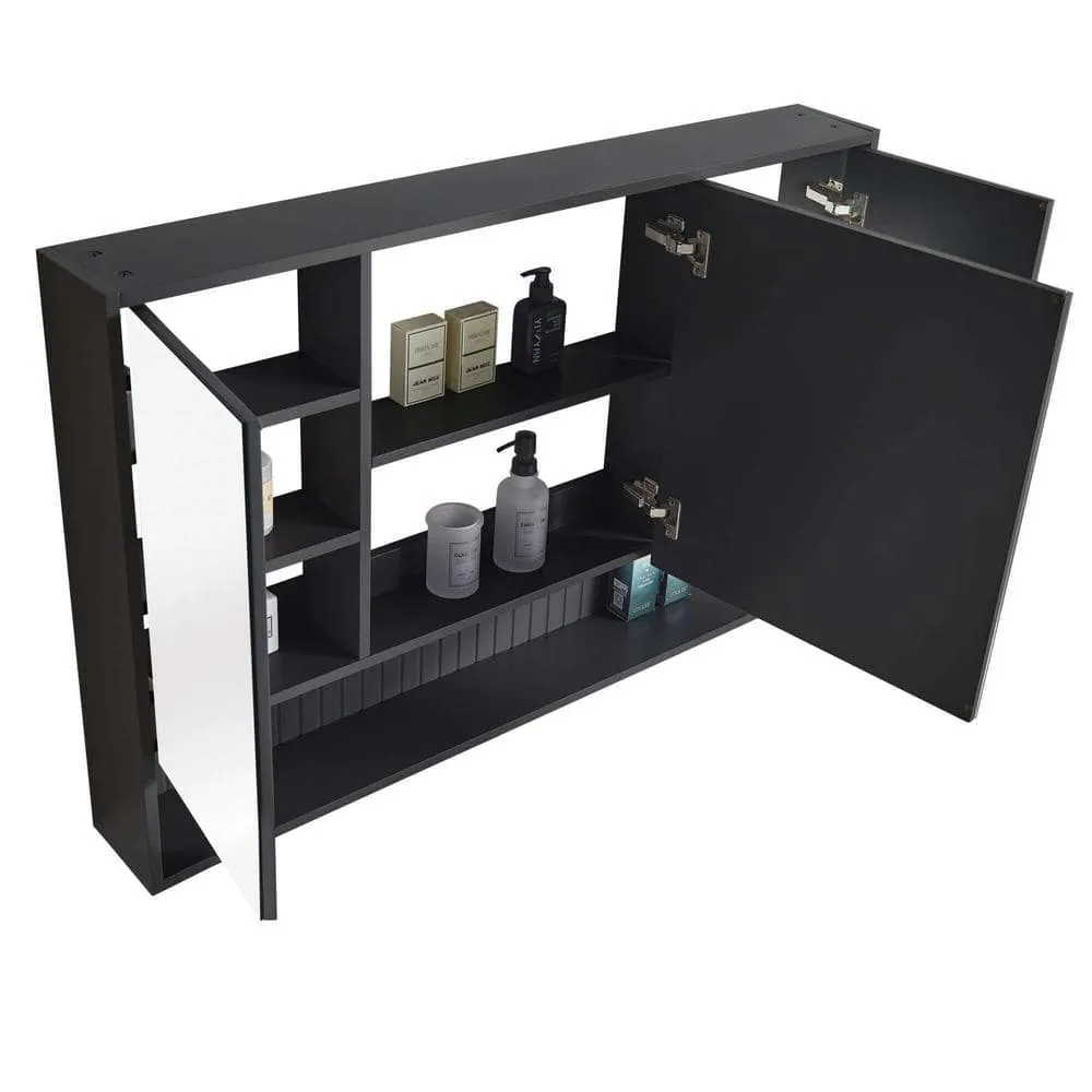 FINE FIXTURES Venezian 45.5 in. W x 29.5 in. H Small Rectangular Black Matte Wooden Surface Mount Medicine Cabinet with Mirror, photo 4 of 6