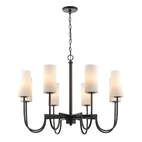8-Light Matte Black Chandelier with White Glass Shades