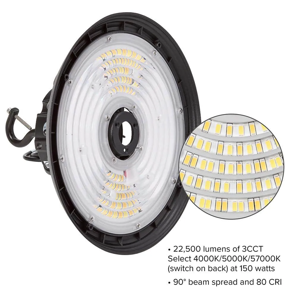 Maxxima 10 in LED UFO High Bay Light Fixture, 22,500 Lumens, 3 CCT 4000K-5700K, Selectable Wattage 100-150, Black, Hardwired, photo 5 of 8