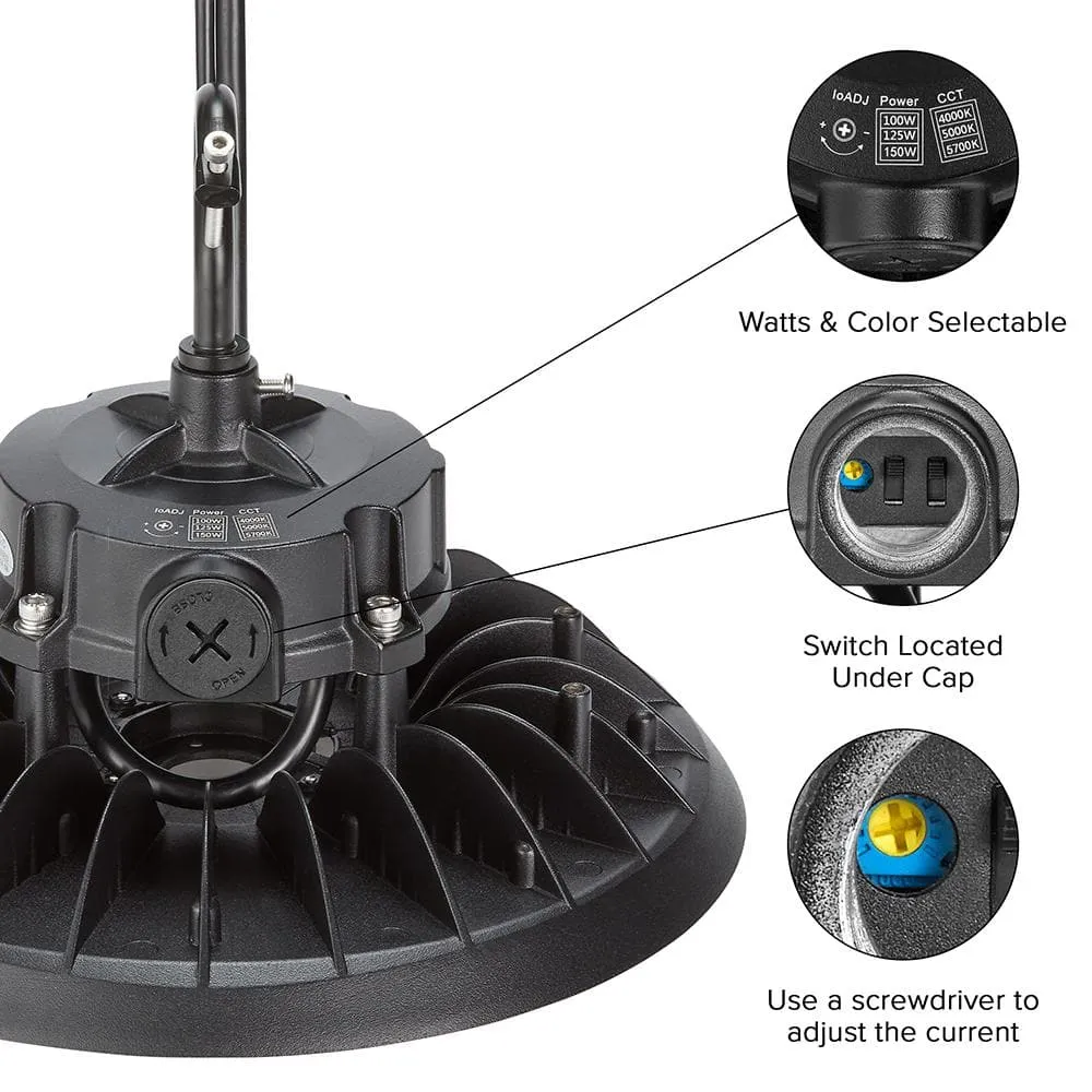 Maxxima 10 in LED UFO High Bay Light Fixture, 22,500 Lumens, 3 CCT 4000K-5700K, Selectable Wattage 100-150, Black, Hardwired, photo 4 of 8
