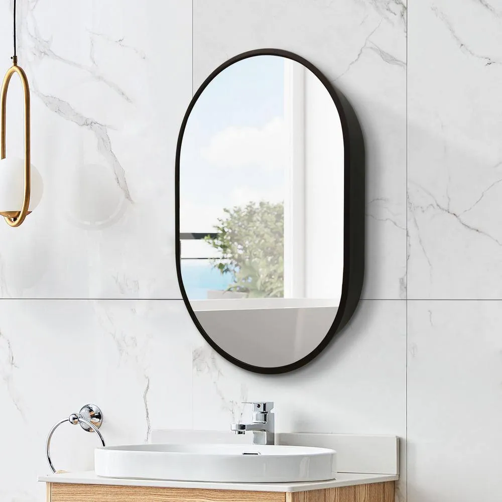 Unbranded 24 in. W x 36 in. H Black Aluminum Framed Oval Wall Mount/Recessed Bathroom Medicine Cabinet with Mirror, photo 5 of 6