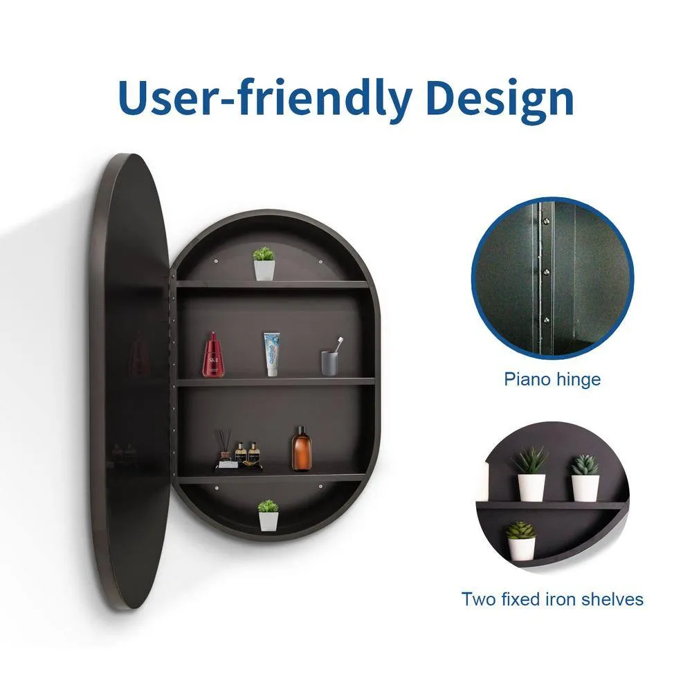 Unbranded 24 in. W x 36 in. H Black Aluminum Framed Oval Wall Mount/Recessed Bathroom Medicine Cabinet with Mirror, photo 3 of 6
