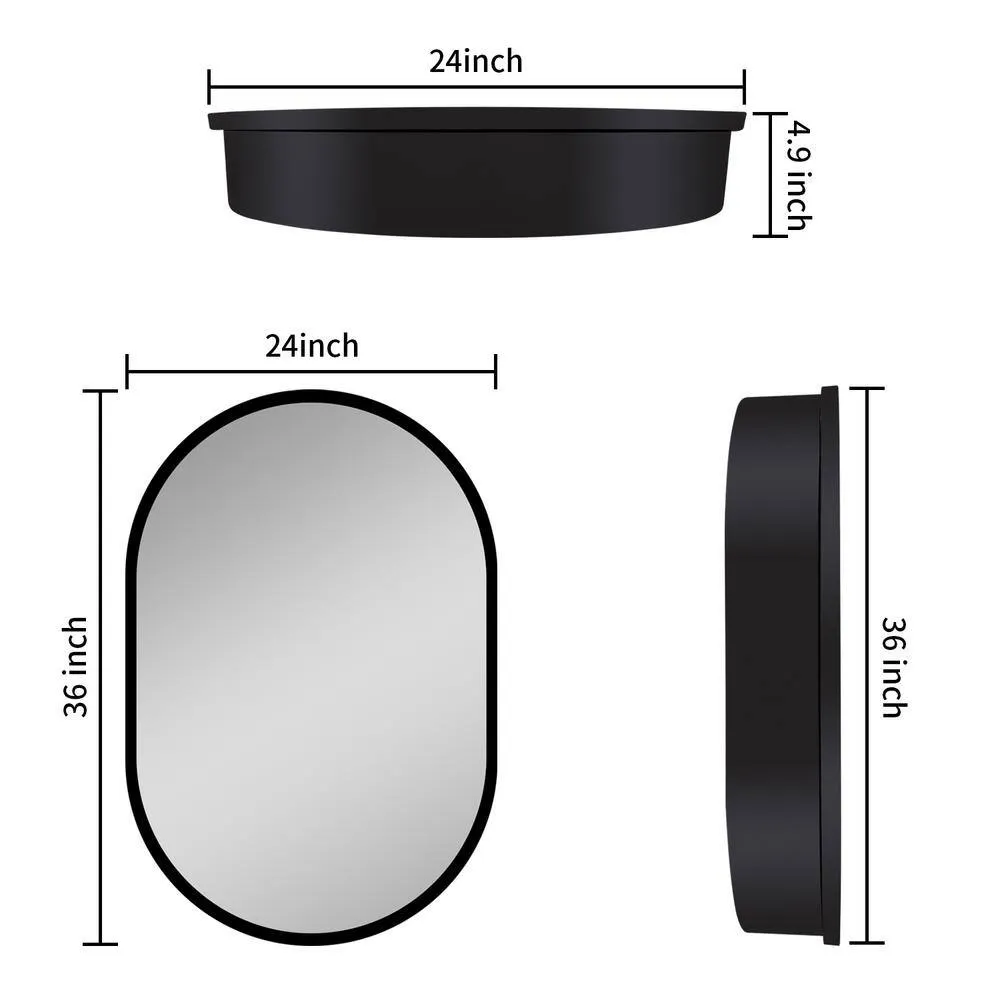 Unbranded 24 in. W x 36 in. H Black Aluminum Framed Oval Wall Mount/Recessed Bathroom Medicine Cabinet with Mirror, photo 2 of 6