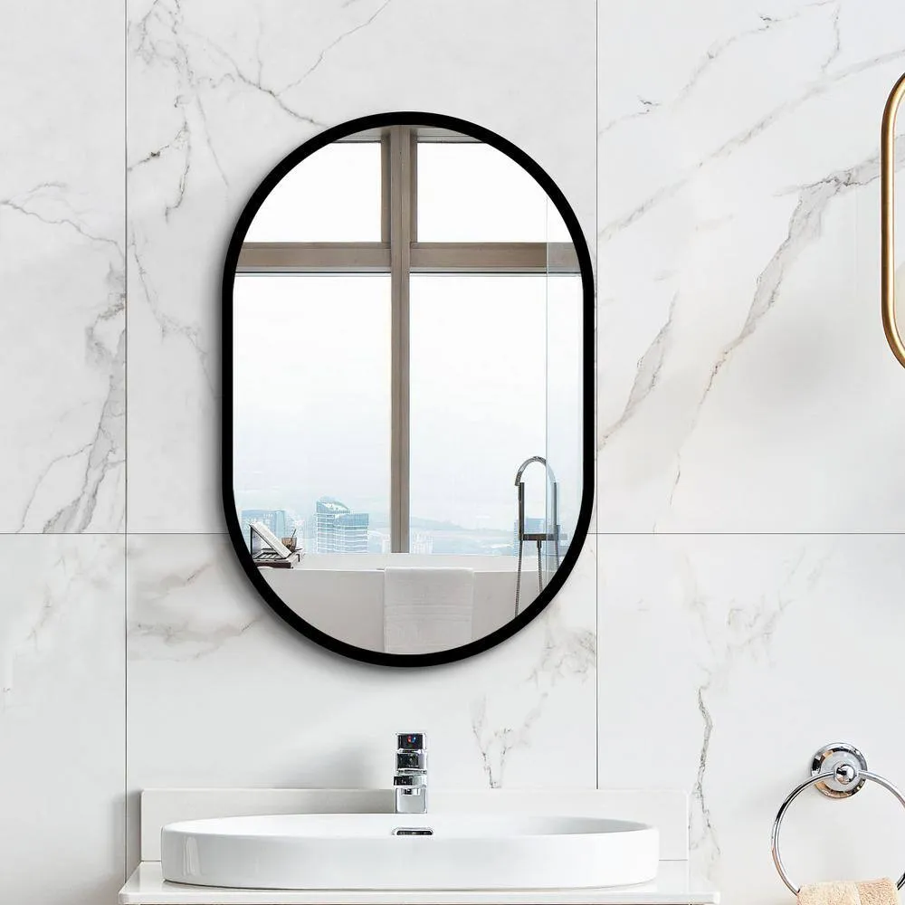 Unbranded 24 in. W x 36 in. H Black Aluminum Framed Oval Wall Mount/Recessed Bathroom Medicine Cabinet with Mirror, photo 6 of 6