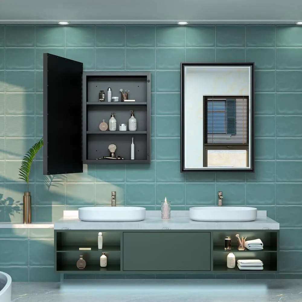 KeonJinn 17 in. W x 25 in. H Rectangular Brass Aluminum Alloy Black Framed Recessed/Surface Mount Medicine Cabinet with Mirror, photo 11 of 11