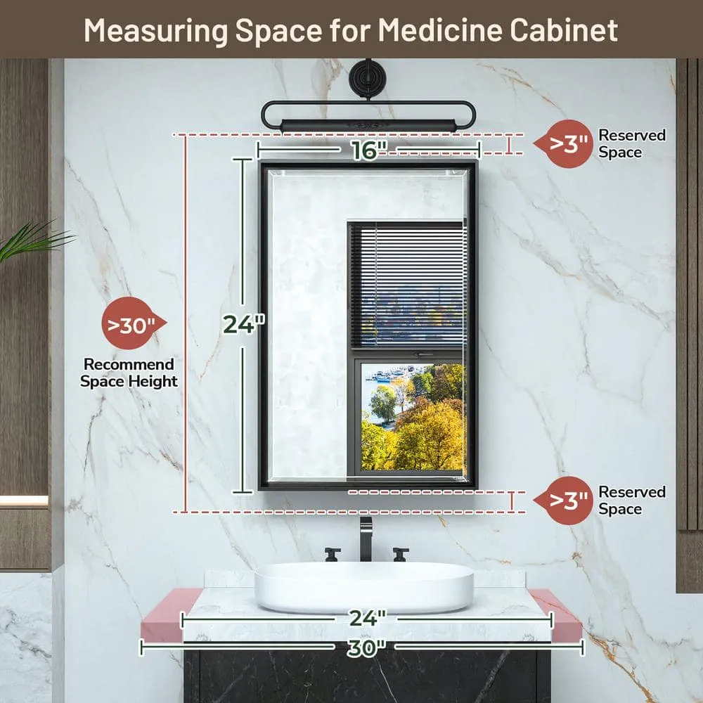 KeonJinn 17 in. W x 25 in. H Rectangular Brass Aluminum Alloy Black Framed Recessed/Surface Mount Medicine Cabinet with Mirror, photo 3 of 11