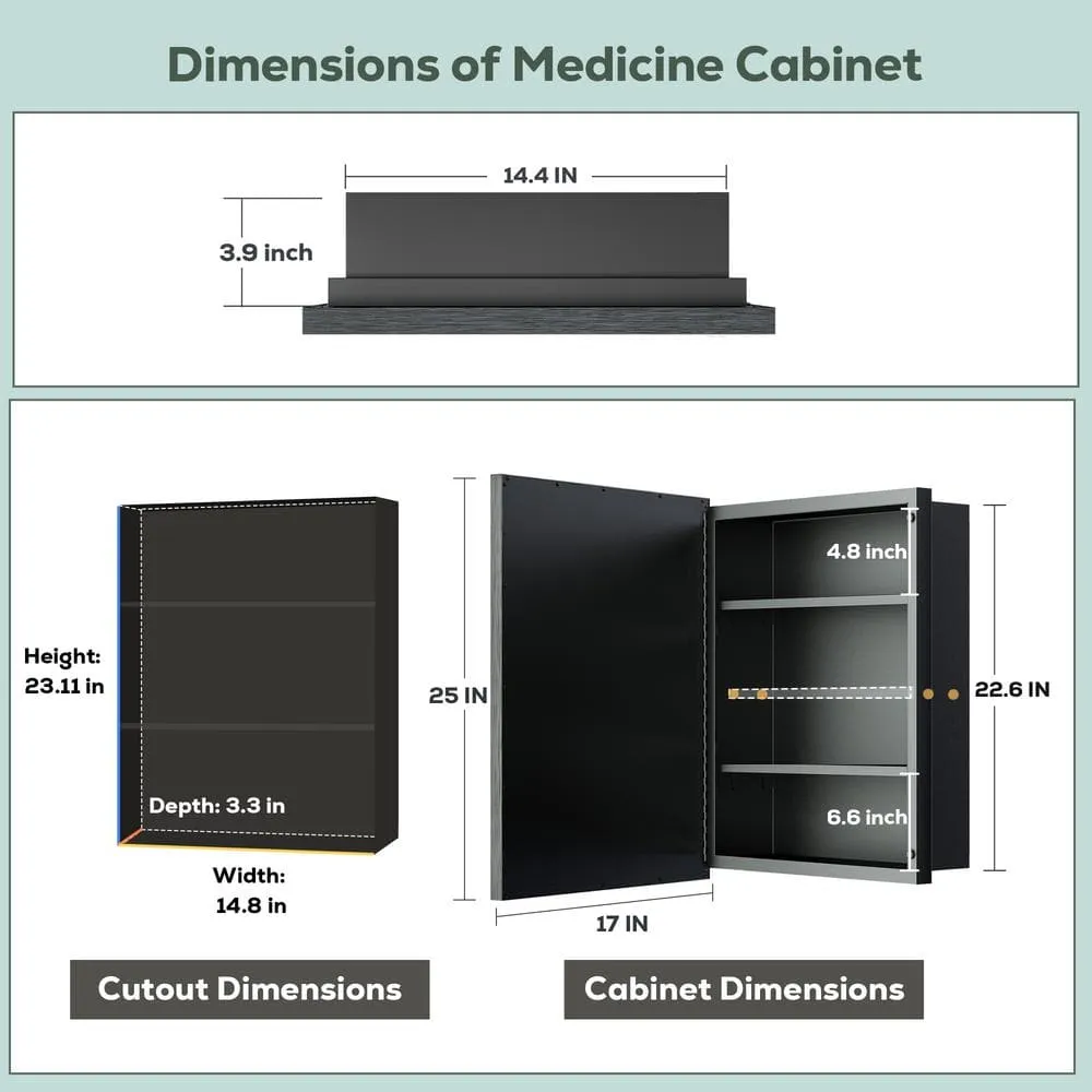 KeonJinn 17 in. W x 25 in. H Rectangular Brass Aluminum Alloy Black Framed Recessed/Surface Mount Medicine Cabinet with Mirror, photo 10 of 11