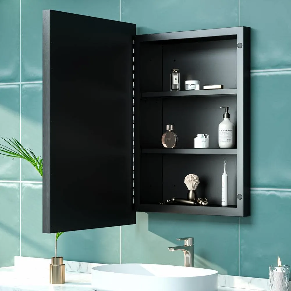 KeonJinn 17 in. W x 25 in. H Rectangular Brass Aluminum Alloy Black Framed Recessed/Surface Mount Medicine Cabinet with Mirror, photo 4 of 11