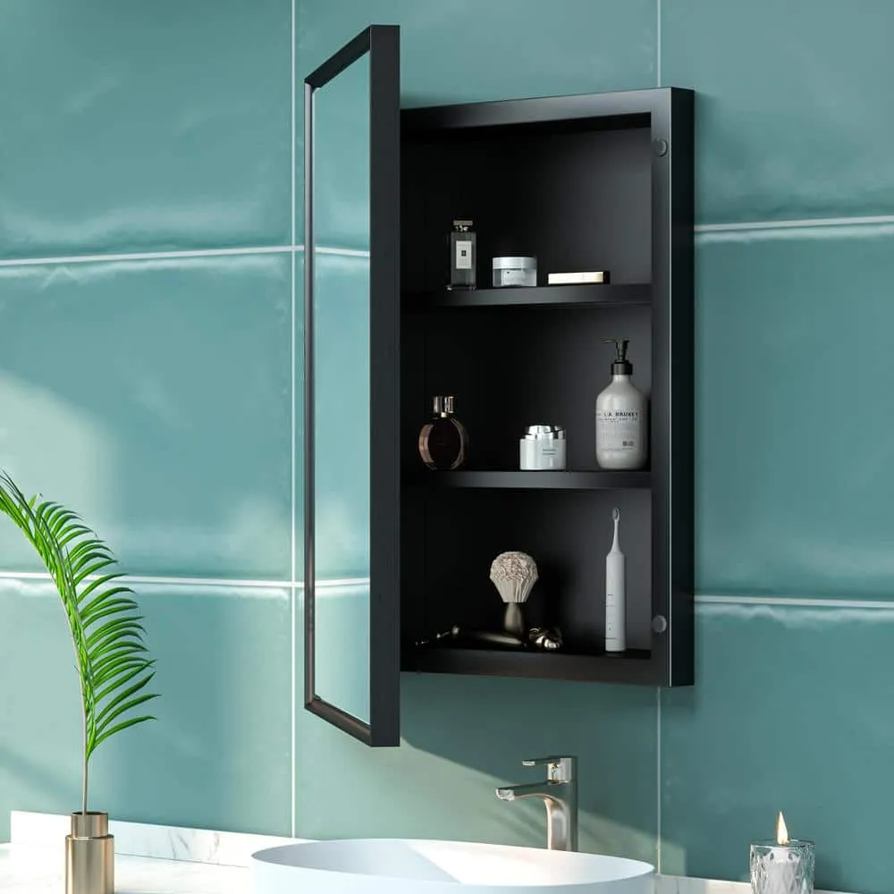 KeonJinn 17 in. W x 25 in. H Rectangular Brass Aluminum Alloy Black Framed Recessed/Surface Mount Medicine Cabinet with Mirror, photo 2 of 11
