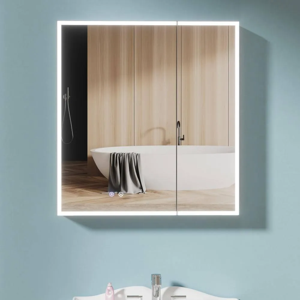 HOMLYLINK 30 in. W x 32 in. H Rectangular Black Aluminum Two-Door Recessed or Surface Mount Medicine Cabinet with Mirror Interior, photo 13 of 13
