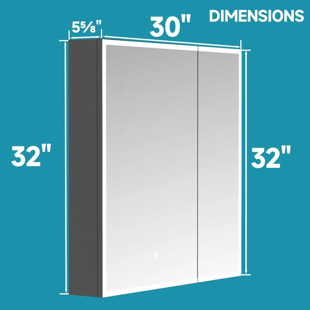 HOMLYLINK 30 in. W x 32 in. H Rectangular Black Aluminum Two-Door Recessed or Surface Mount Medicine Cabinet with Mirror Interior, photo 7 of 13