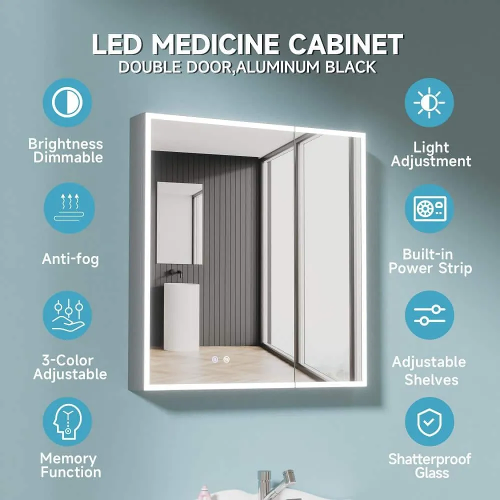 HOMLYLINK 30 in. W x 32 in. H Rectangular Black Aluminum Two-Door Recessed or Surface Mount Medicine Cabinet with Mirror Interior, photo 2 of 13