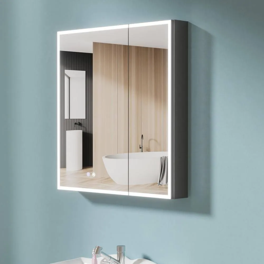 HOMLYLINK 30 in. W x 32 in. H Rectangular Black Aluminum Two-Door Recessed or Surface Mount Medicine Cabinet with Mirror Interior, photo 11 of 13