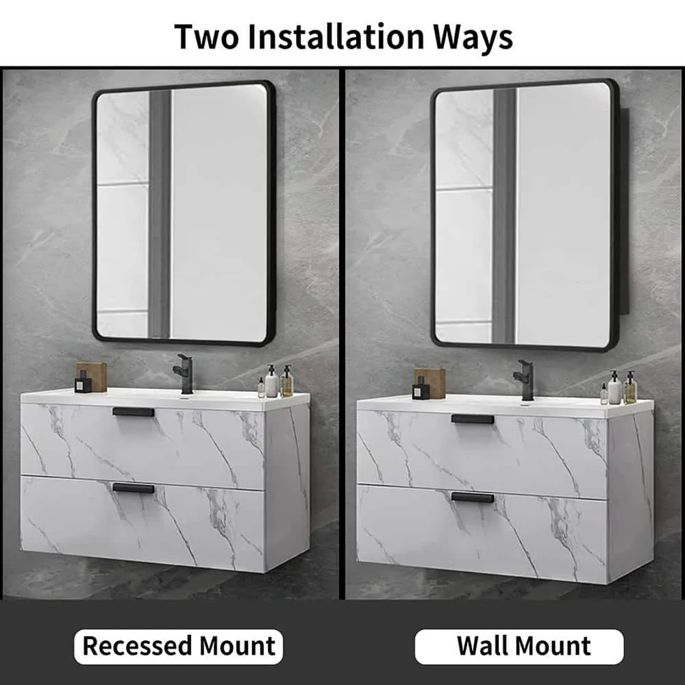 30 in. W x 24 in. H Black Metal Framed Rounded Corner Wall Mount/Recessed Bathroom Medicine Cabinet with Mirror, photo 4 of 7
