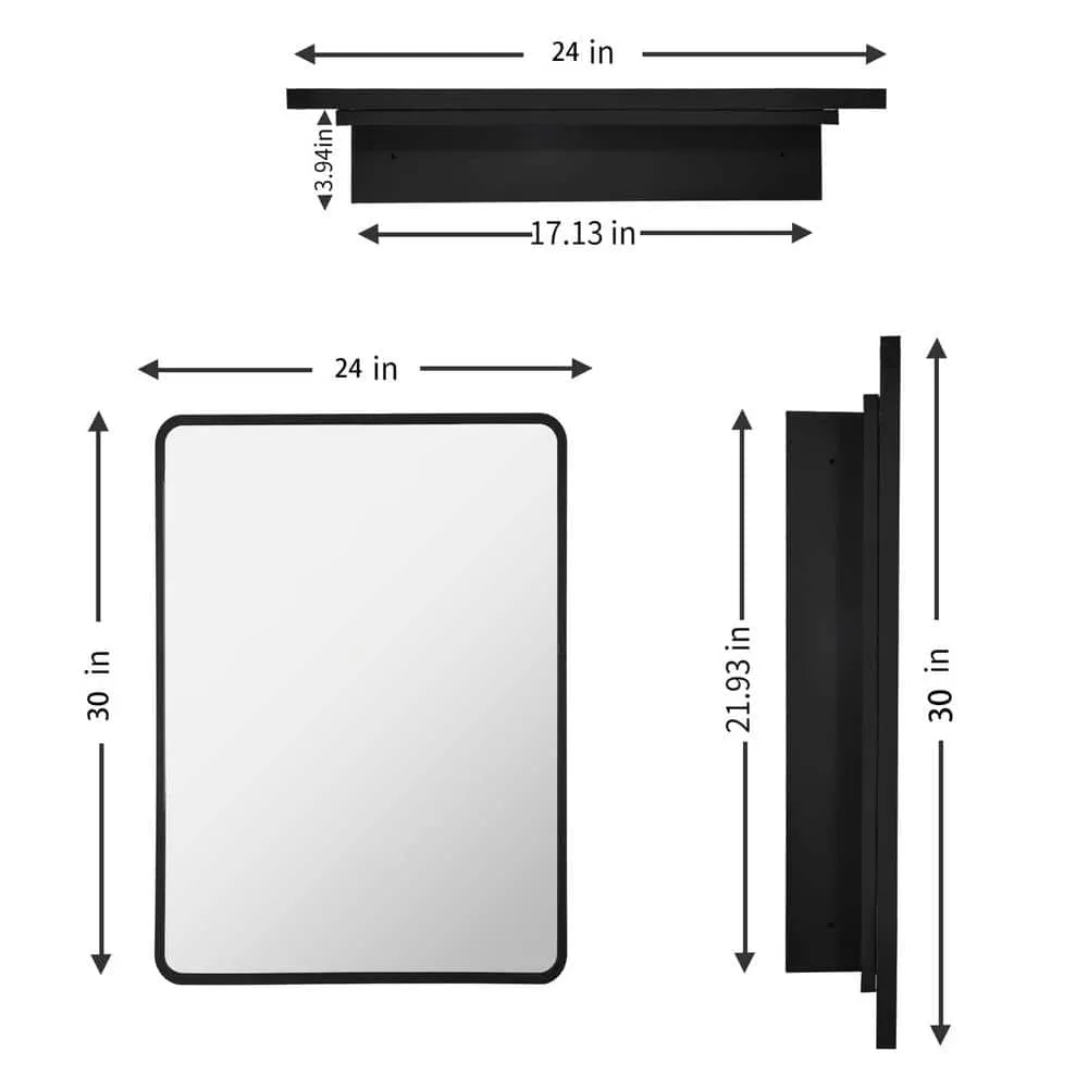 30 in. W x 24 in. H Black Metal Framed Rounded Corner Wall Mount/Recessed Bathroom Medicine Cabinet with Mirror, photo 2 of 7