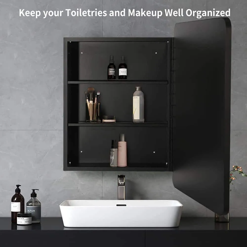 30 in. W x 24 in. H Black Metal Framed Rounded Corner Wall Mount/Recessed Bathroom Medicine Cabinet with Mirror, photo 5 of 7