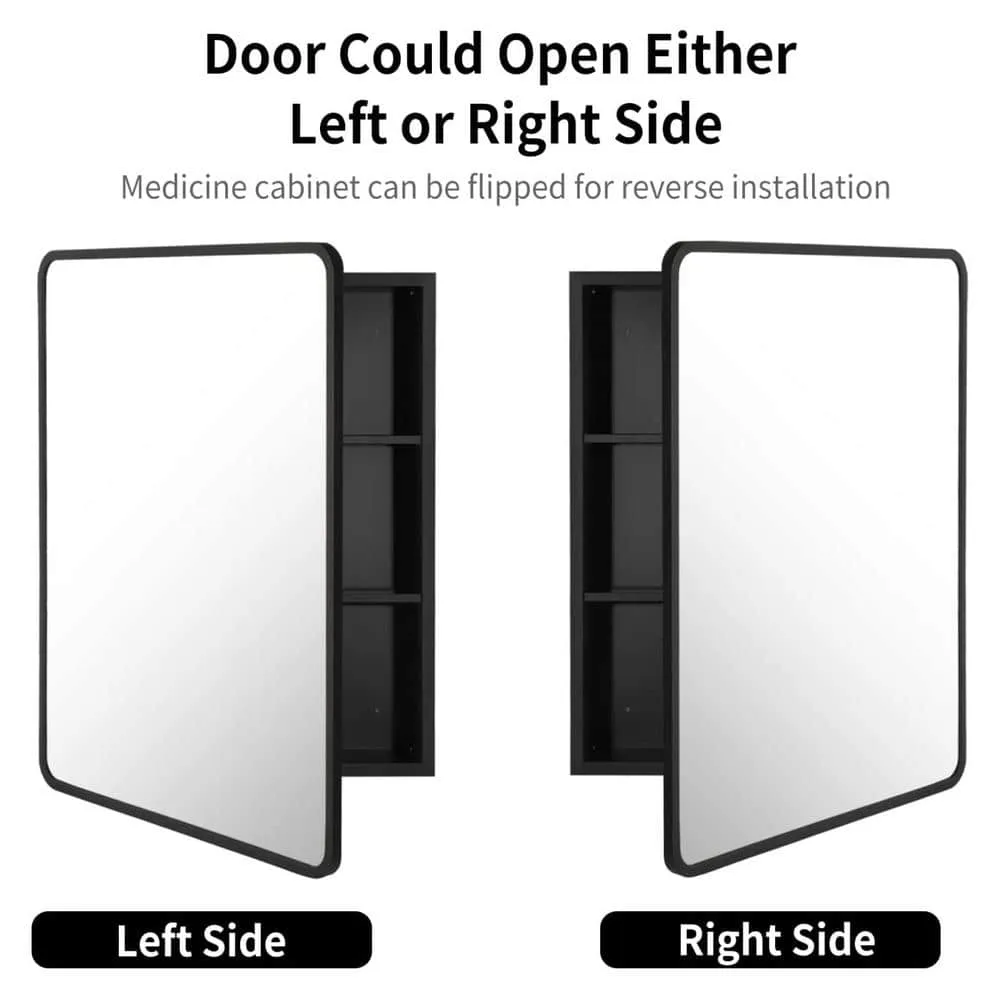 30 in. W x 24 in. H Black Metal Framed Rounded Corner Wall Mount/Recessed Bathroom Medicine Cabinet with Mirror, photo 3 of 7