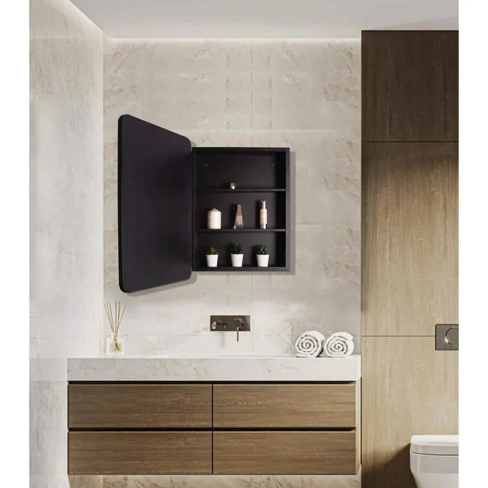 30 in. W x 24 in. H Black Metal Framed Rounded Corner Wall Mount/Recessed Bathroom Medicine Cabinet with Mirror, photo 6 of 7