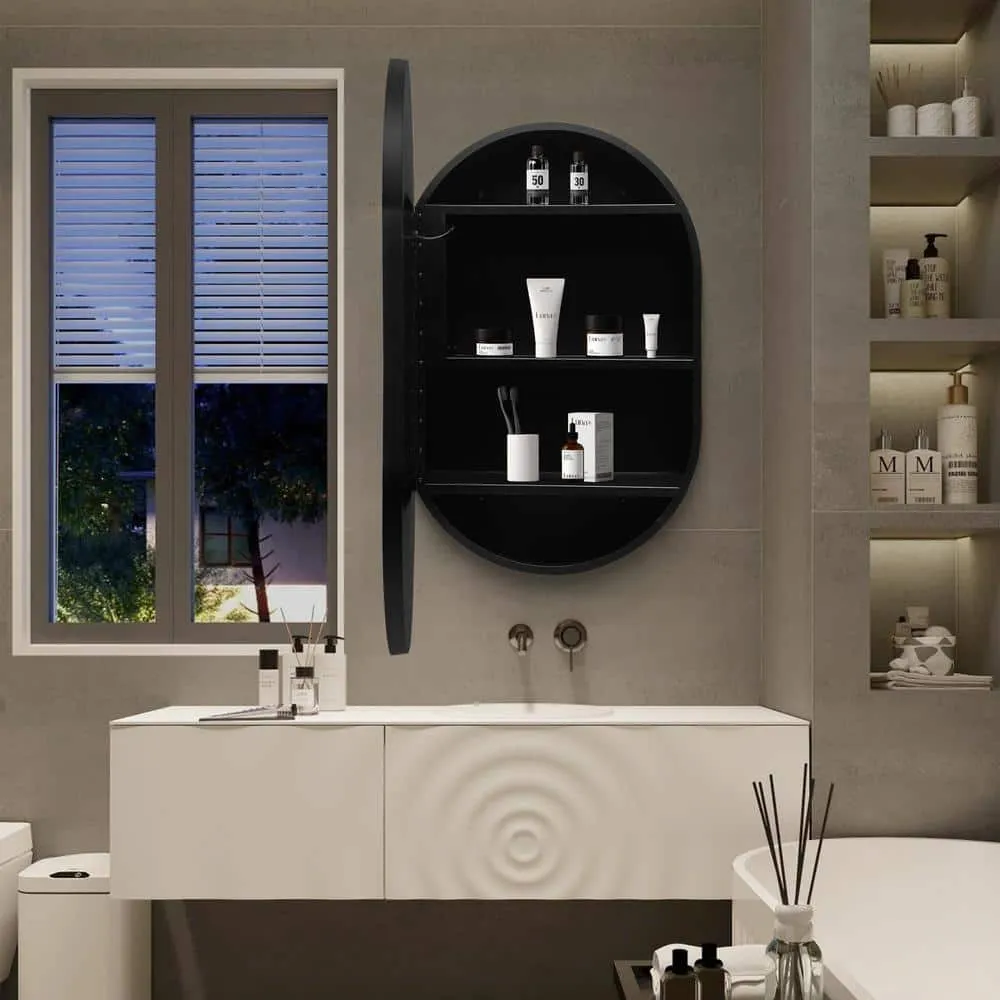 UPIKER Lifestyle 21 in. W x 31 in. H Small Oval Aluminum Framed LED Medicine Cabinet with Mirror, photo 5 of 8