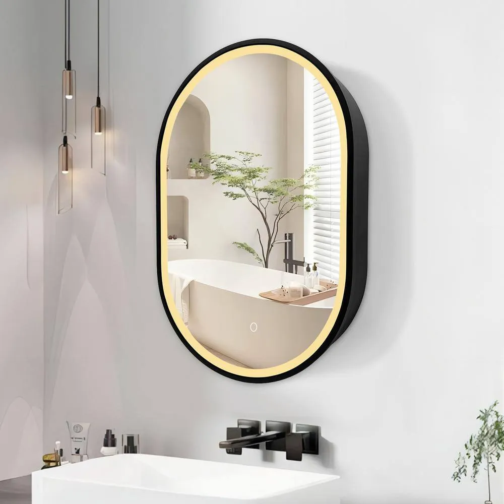 UPIKER Lifestyle 21 in. W x 31 in. H Small Oval Aluminum Framed LED Medicine Cabinet with Mirror, photo 3 of 8