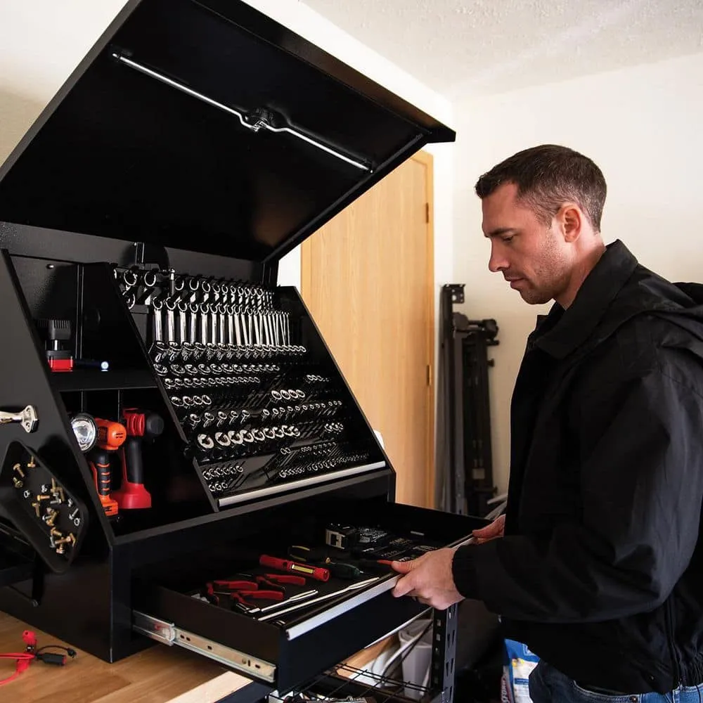 Montezuma 37 in. W x 18 in. D 1-Drawer Black Steel Portable Shop Triangle Tool Box Chest for Sockets, Wrenches and Screwdrivers, photo 7 of 15