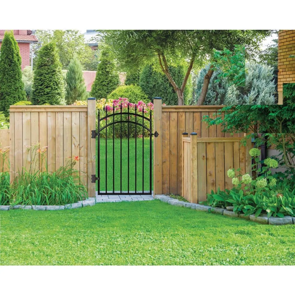 NUVO IRON 2.75 ft. x 4.67 ft. Tiger Eye Profile Black Iron Center Point Arched Top Fence Gate, photo 2 of 7