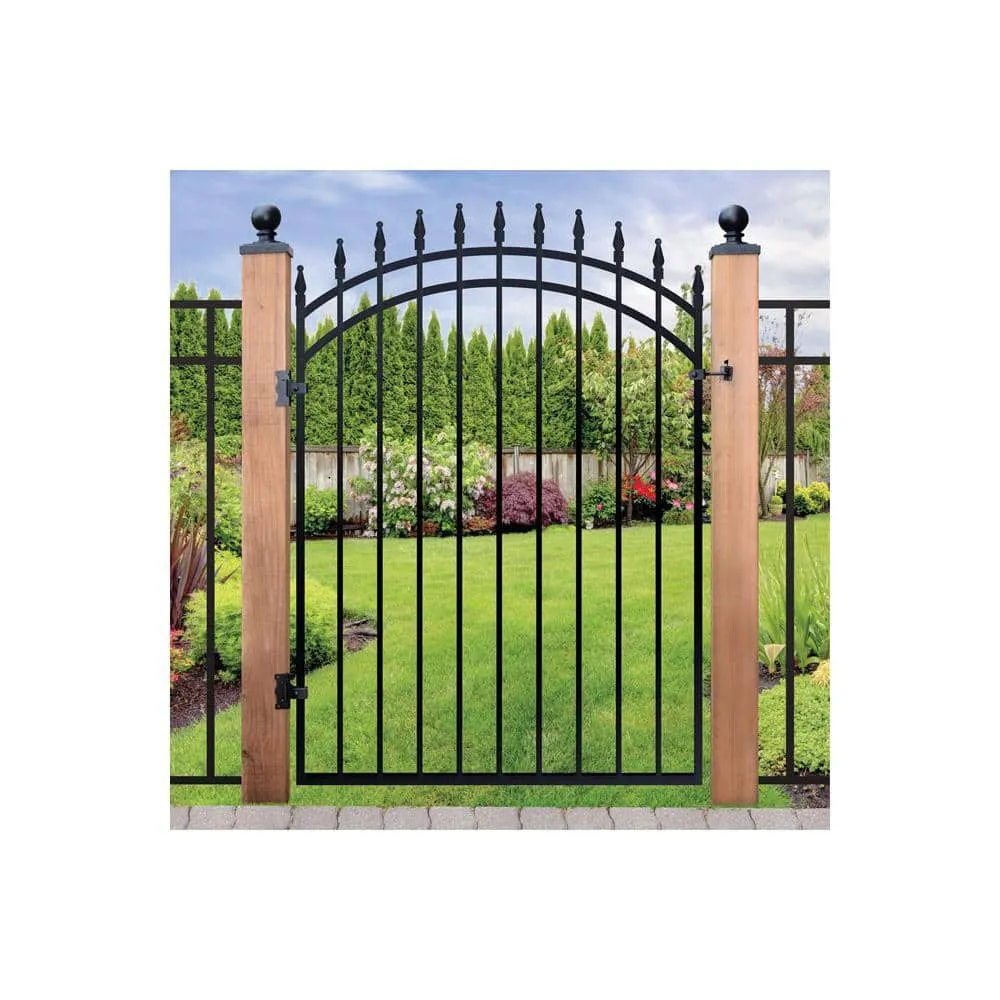 NUVO IRON 3.75 ft. x 4.67 ft. Tiger Eye Profile Black Metal Center Point Arched Top Fence Gate, photo 3 of 3