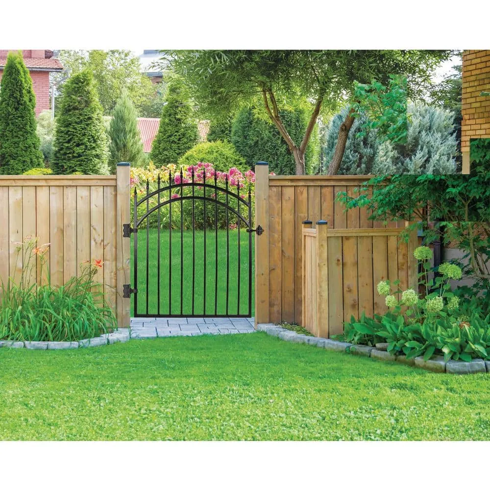 NUVO IRON 3.75 ft. x 4.67 ft. Tiger Eye Profile Black Metal Center Point Arched Top Fence Gate, photo 2 of 3