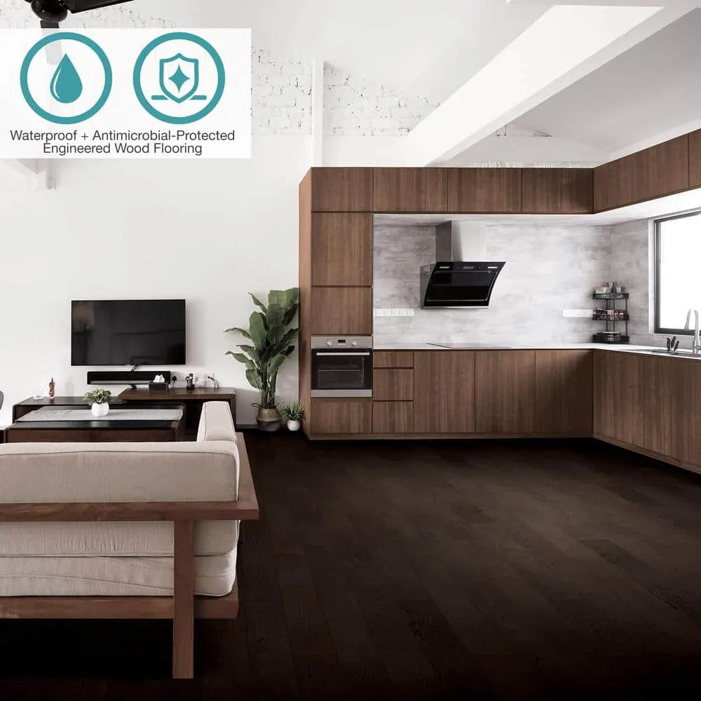 Pergo Defense+ Black Raven Oak 3/8 in. T x 7.5 in. W Click Lock W Brushed Engineered Hardwood Flooring (1104.3 sq.ft./pallet), photo 2 of 15