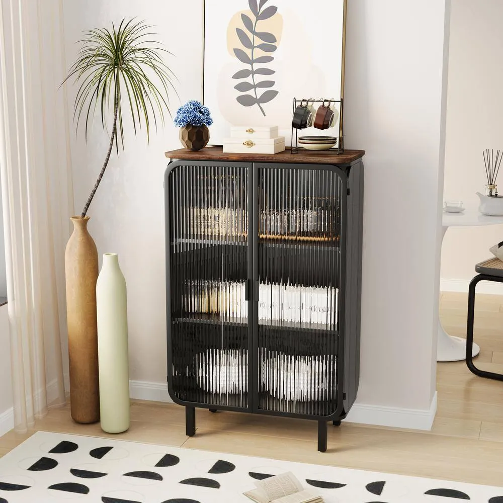 FUNKOL 14.37 in. W x 28.35 in. D x 44.49 in. H in Black Metal Ready to Assemble Floor Kitchen Cabinet with Glass Door, photo 7 of 12