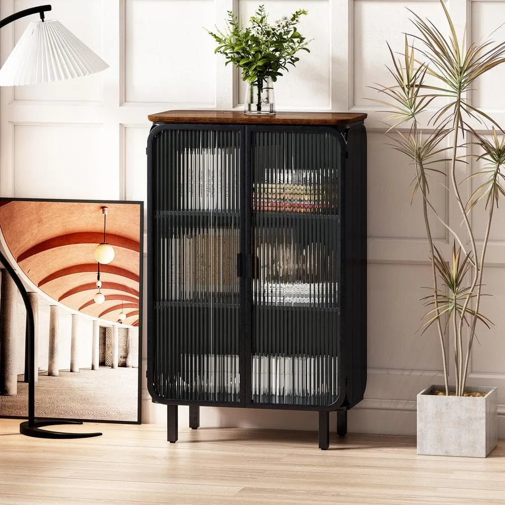 FUNKOL 14.37 in. W x 28.35 in. D x 44.49 in. H in Black Metal Ready to Assemble Floor Kitchen Cabinet with Glass Door, photo 4 of 12