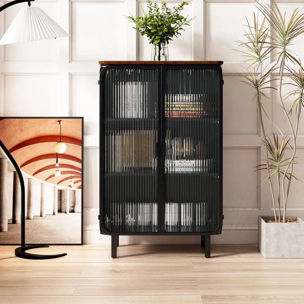 FUNKOL 14.37 in. W x 28.35 in. D x 44.49 in. H in Black Metal Ready to Assemble Floor Kitchen Cabinet with Glass Door, photo 2 of 12