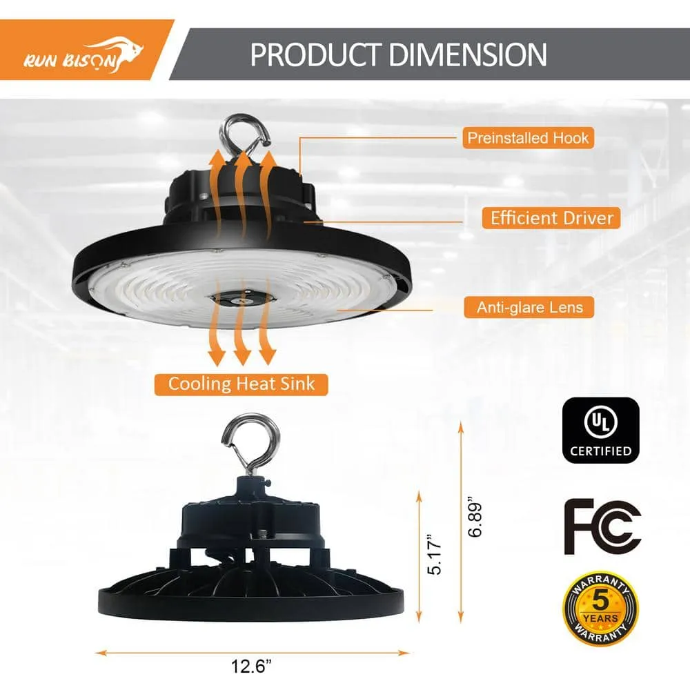 RUN BISON 4-Pack 12.6 in. Integrated UFO LED High Bay Light Fixture LED Commercial lighting, up to 36000 Lumen, 0-10V Dimmable, photo 3 of 8