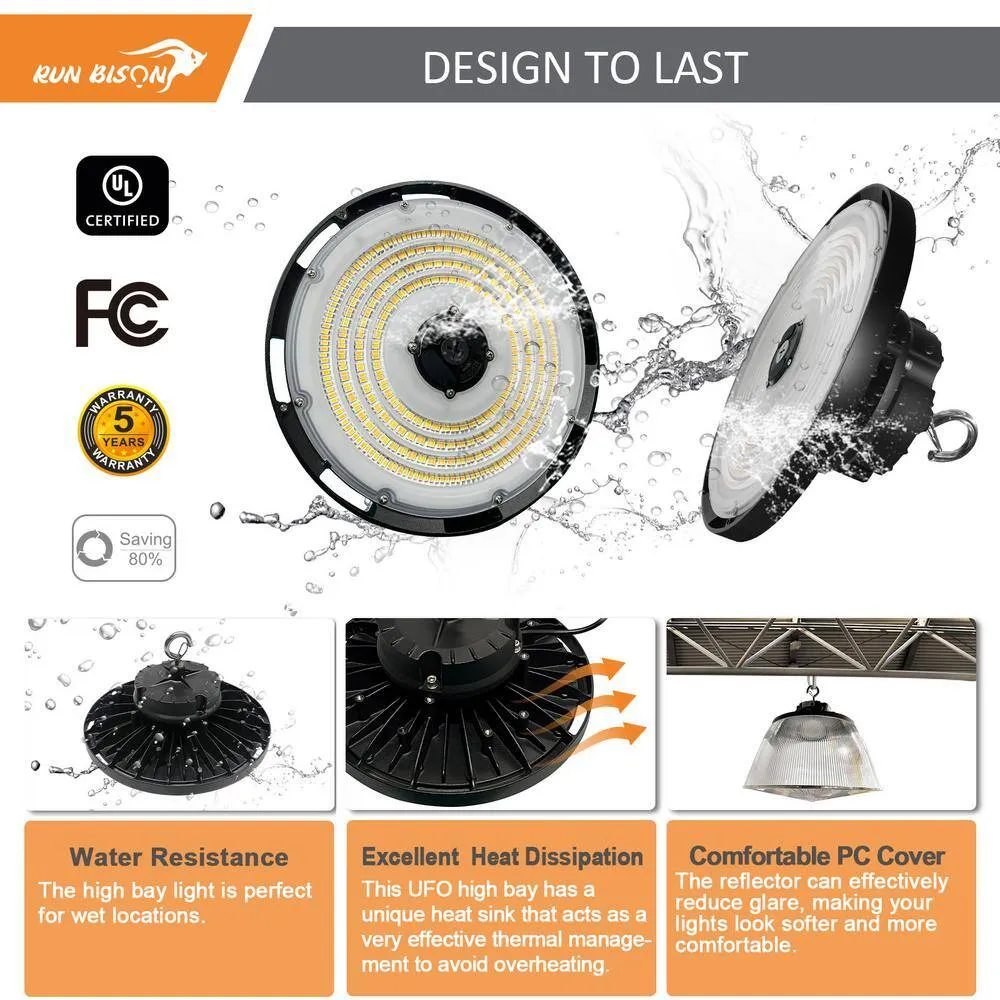 RUN BISON 12.6 in. Integrated UFO LED High Bay Light w/PC Cover LED Commercial lighting, up to 36000 Lumens, 3000/4000/5000K, UL, photo 4 of 9
