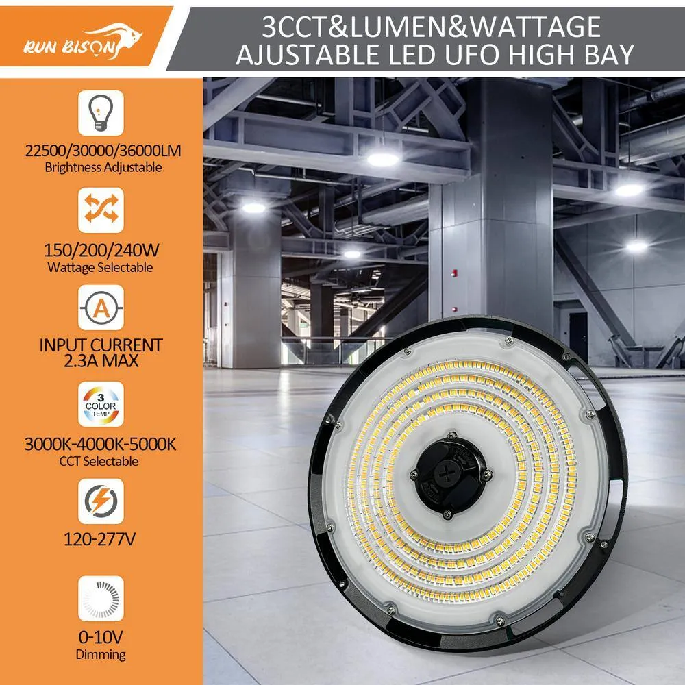 RUN BISON 12.6 in. Integrated UFO LED High Bay Light Fixture LED Commercial Lighting, Up to 36000 Lumens w/Motion Sensor (2-Pack), photo 2 of 9