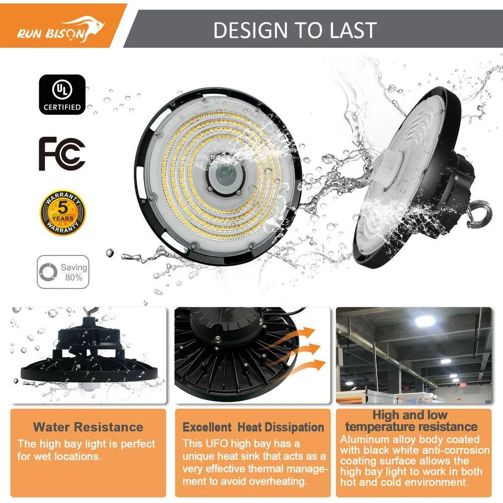 RUN BISON 12.6 in. Integrated UFO LED High Bay Light Fixture LED Commercial Lighting, Up to 36000 Lumens w/Motion Sensor (2-Pack), photo 4 of 9