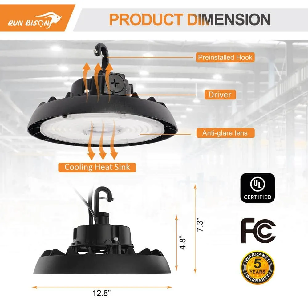 RUN BISON 12.8 in. Integrated LED UFO High Bay Light Fixture Black Garage Light, Up to 33600 Lumens 4000K/5000K, 0-10V Dimmable, photo 3 of 9