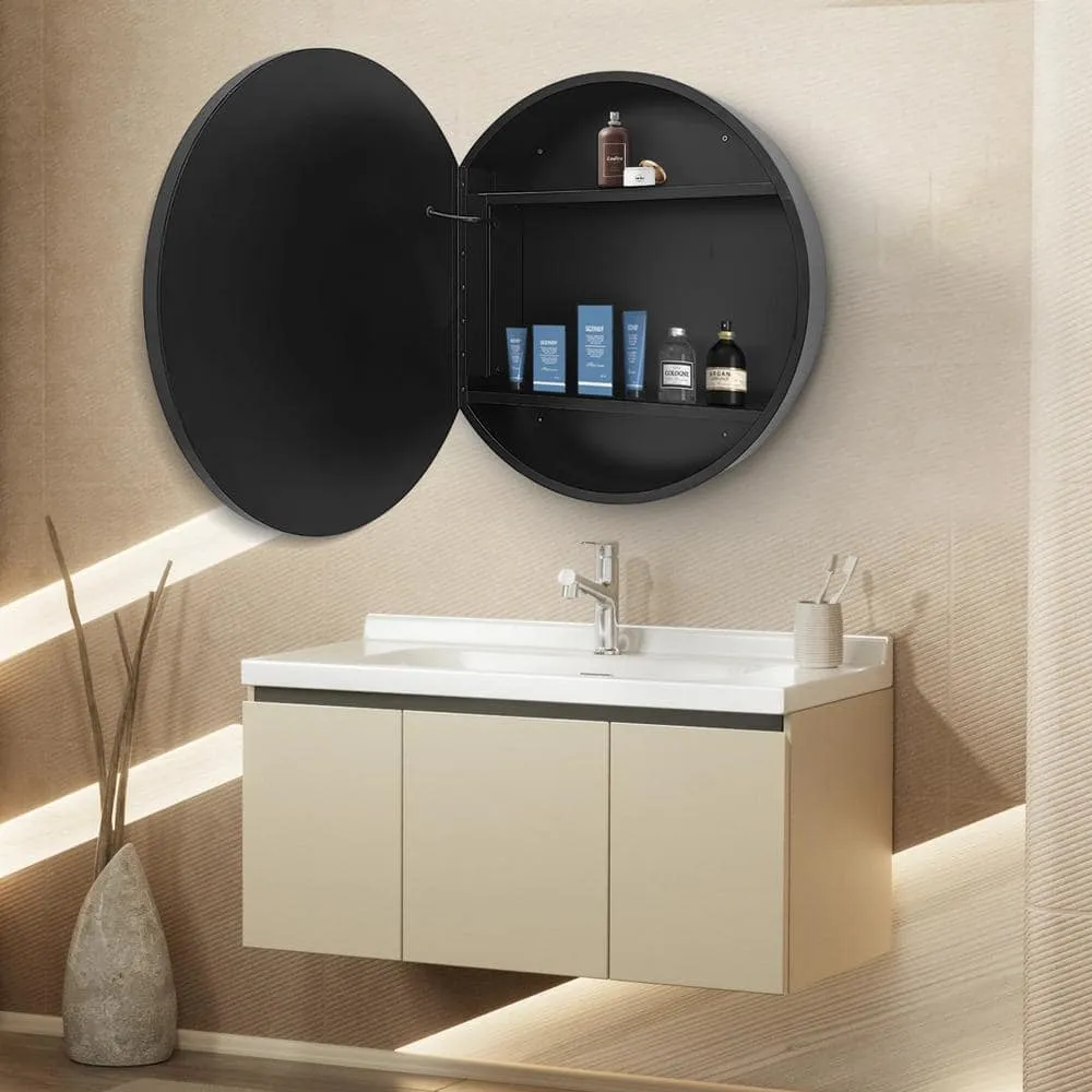 Runesay 24 in. W x 24 in. H LED Anti Fog Round Black Aluminum and Iron Recessed/Surface Mount Medicine Cabinet with Mirror, photo 5 of 11