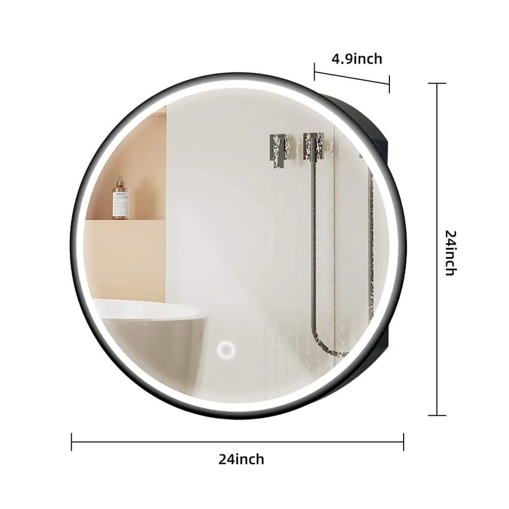 Runesay 24 in. W x 24 in. H LED Anti Fog Round Black Aluminum and Iron Recessed/Surface Mount Medicine Cabinet with Mirror, photo 9 of 11
