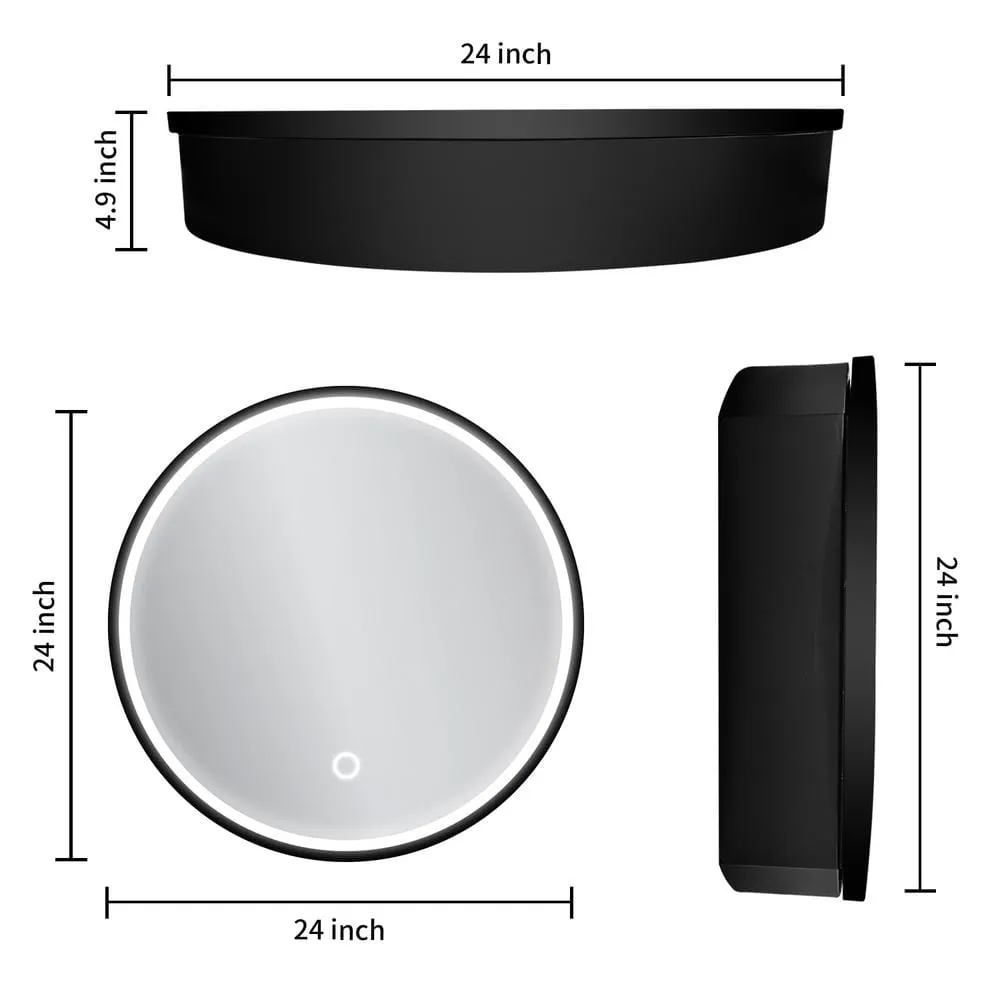 Runesay 24 in. W x 24 in. H LED Anti Fog Round Black Aluminum and Iron Recessed/Surface Mount Medicine Cabinet with Mirror, photo 8 of 11
