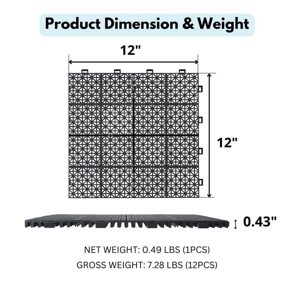 Siavonce 12 in. x 12 in. Black Interlocking Deck Tiles Plastic Waterproof Outdoor Bathroom Shower Balcony Porch Pack of 12, photo 5 of 6