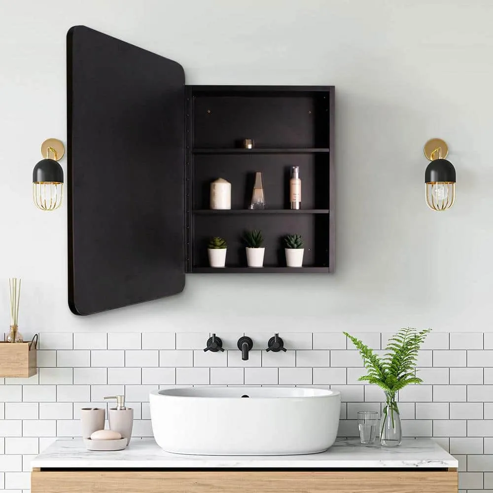 Aoibox 20 in. W x 28 in. H Rectangular Black Silver Iron Powder Medicine Cabinet with Mirror, 1 Door, 2 Shelves, photo 10 of 14