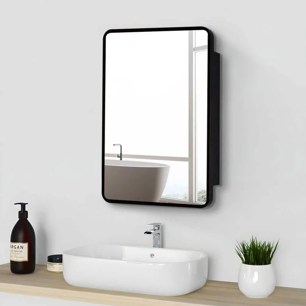 Aoibox 20 in. W x 28 in. H Rectangular Black Silver Iron Powder Medicine Cabinet with Mirror, 1 Door, 2 Shelves, photo 14 of 14