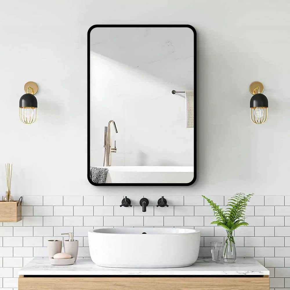 Aoibox 20 in. W x 28 in. H Rectangular Black Silver Iron Powder Medicine Cabinet with Mirror, 1 Door, 2 Shelves, photo 4 of 14