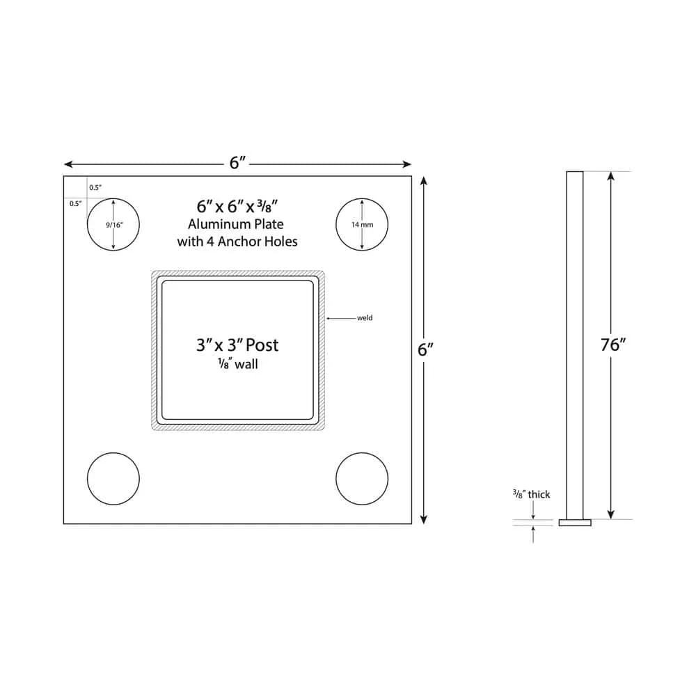 Slipfence 3 in. x 3 in. x 76 in. Black Powder Coated Aluminum Surface Mount Fence Post Includes Post Cap, photo 3 of 8