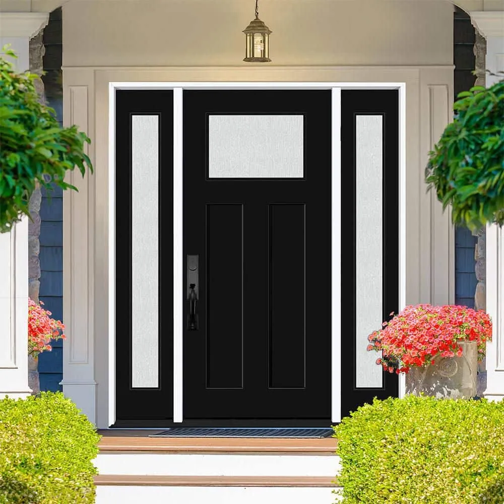 Steves & Sons Legacy Series Black Fiberglass Front Door with Two Sidelites, Left-Hand Inswing, Bronze Hinges — 64-1/2 in. x 81-1/2 in., photo 2 of 6
