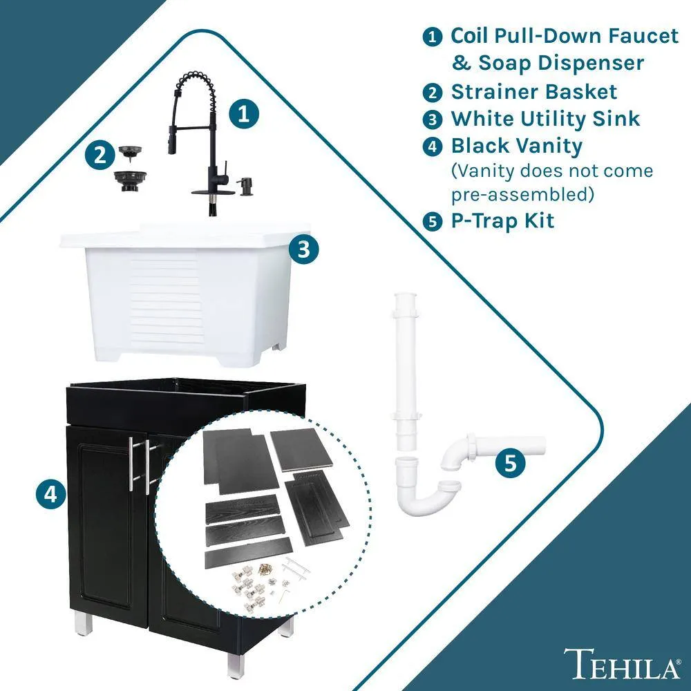 TEHILA 18 Gallons 21.75 in. x 25 in. Thermoplastic Drop-in Laundry Sink with Black Faucet, Black Cabinet, and Soap Dispenser, photo 3 of 11